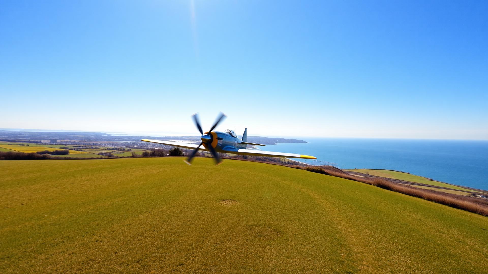 Radio controlled model aircraft flying above a grass strip beside the bay